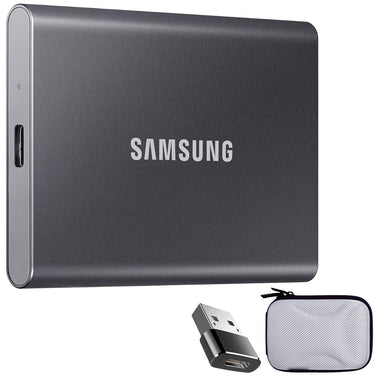 Samsung MU-PC1T0T/AM Portable SSD T7 USB 3.2 1TB, Gray + Converter Adapter + Case