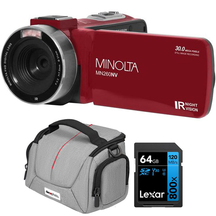 Minolta MN260NV 1080P FHD / 30 MP Night Vision Camcorder, Red + 64GB Bundle