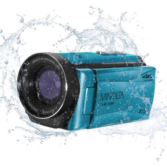 Minolta 4K Ultra HD / 56 MP Waterproof Camcorder Blue with Lexar 128GB Card