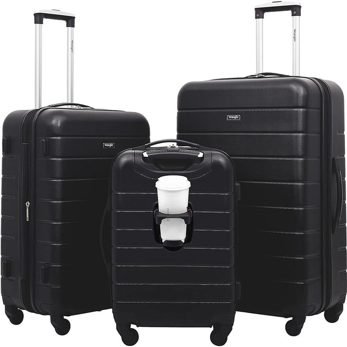 Wrangler 3 Pc Smart Luggage Set with Cup Holder and USB Port (20"/24"28") Black, Open Box