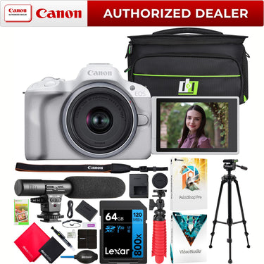 Canon EOS R50 Mirrorless Camera White + RF-S 18-45mm F4.5-6.3 IS STM Lens + Pro Bundle