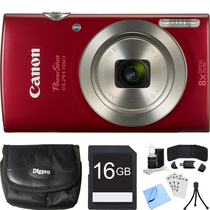 Canon PowerShot ELPH 180 20MP 8x Optical Zoom HD Red Digital Camera 16GB Card Bundle