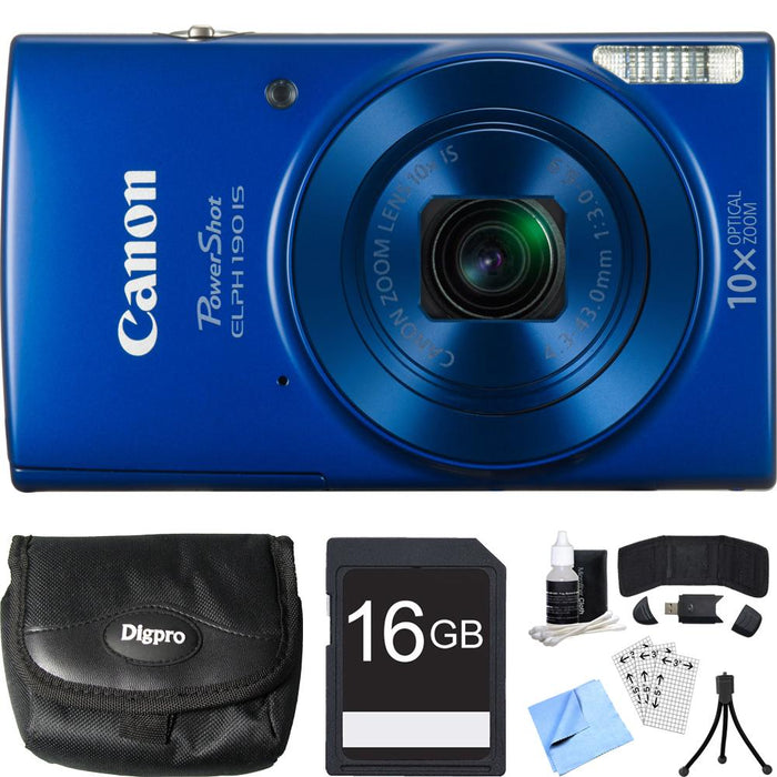 Canon PowerShot ELPH 190 IS Blue Digital Camera w/ 10x Optical Zoom 16GB Card Bundle
