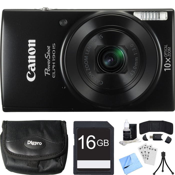 Canon PowerShot ELPH 190 IS Black Digital Camera w/ 10x Optical Zoom 16GB Card Bundle
