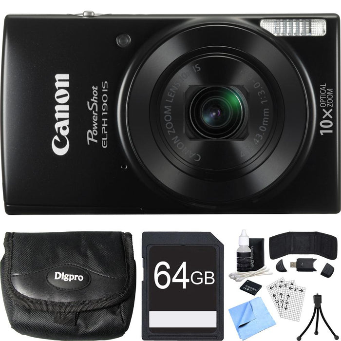 Canon PowerShot ELPH 190 IS Black Digital Camera w/ 10x Optical Zoom 64GB Card Bundle