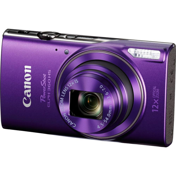 Canon PowerShot ELPH 360 HS Purple Digital Camera + 12x Optical Zoom 32GB Card Bundle