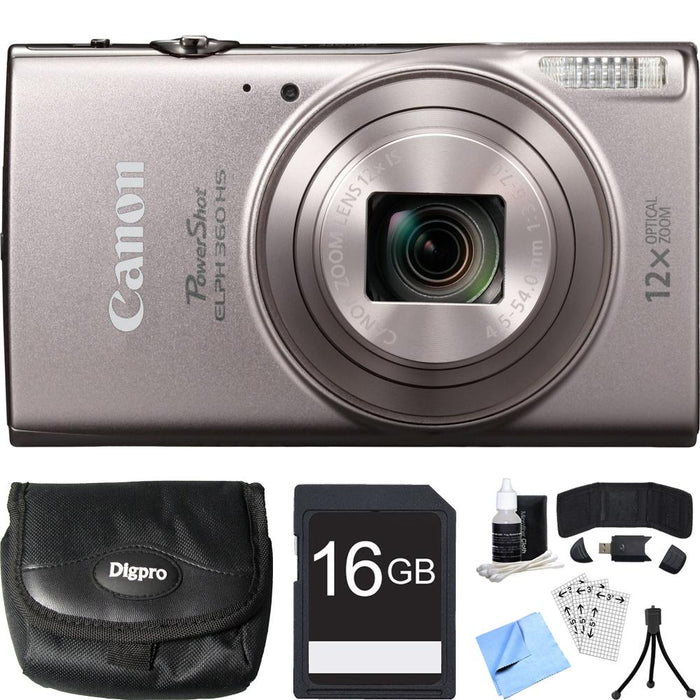 Canon PowerShot ELPH 360 HS Silver Digital Camera w/ 12x Optical Zoom 16GB Card Bundle