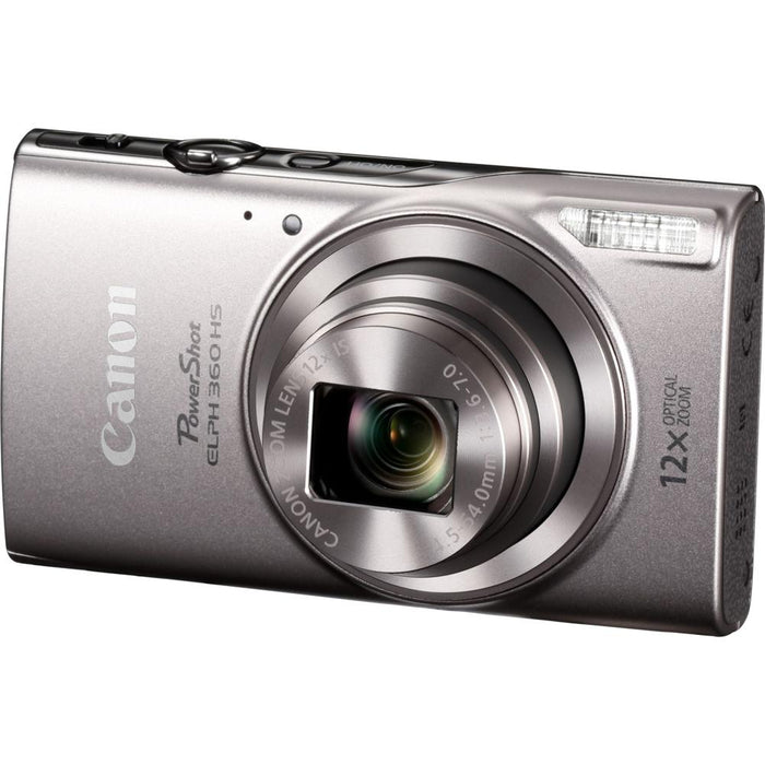 Canon PowerShot ELPH 360 HS Silver Digital Camera w/ 12x Optical Zoom 32GB Card Bundle