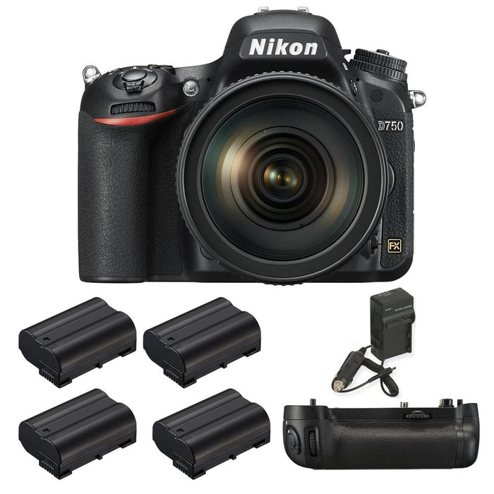 Nikon D750 DSLR Camera with 24-120mm Lens, MB-D16 Pack, 4 Batteries, and Charger