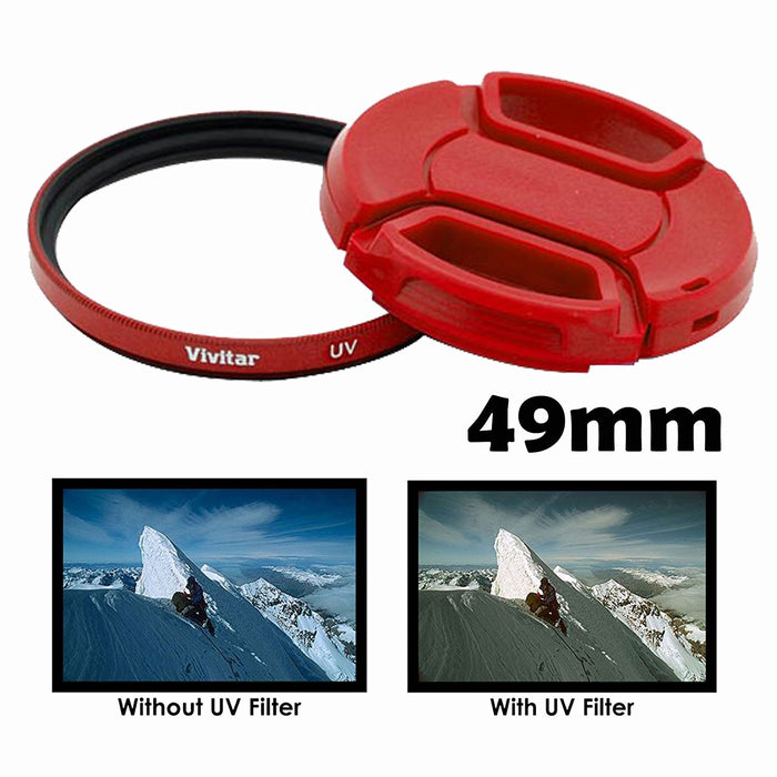 Vivitar 49mm UV Filter and Snap On Cap - Red