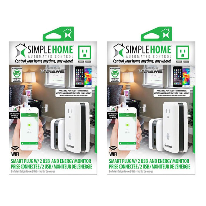 Simple Home 2-Pack WiFi Smart Controlled Wall Outlet w/ 2 USB and Energy Monitor