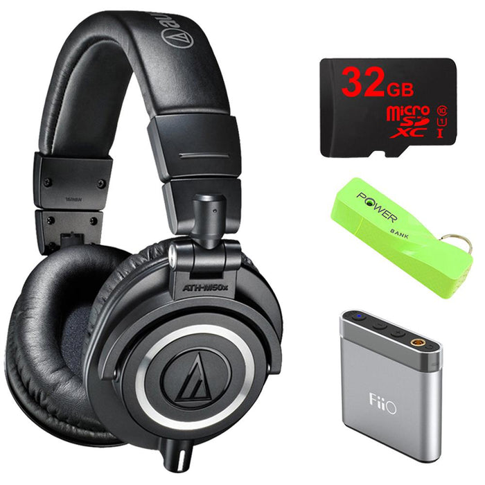 Audio-Technica ATH-M50X Professional Studio Black Headphone w/ Powerbank, 32gb Micro SD & Amp