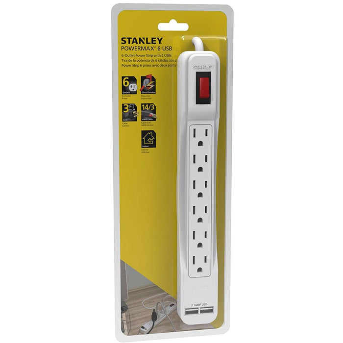 Stanley 30024 PowerMax USB, 6-Outlet Power Strip with 2 USB Ports (2.1A Total)