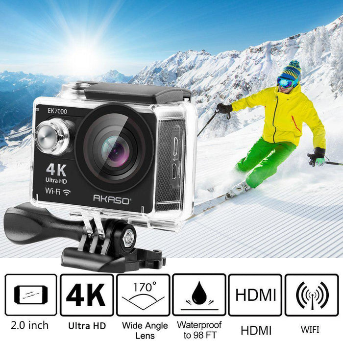Akaso EK7000 4K WIFI Waterproof Sports Action Camera 170 Degree Wide - Blk - OPEN BOX