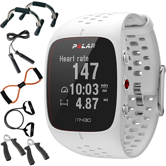 Polar M430 GPS Running Watch, White - 90064405 + 7-in-1 Fitness Kit
