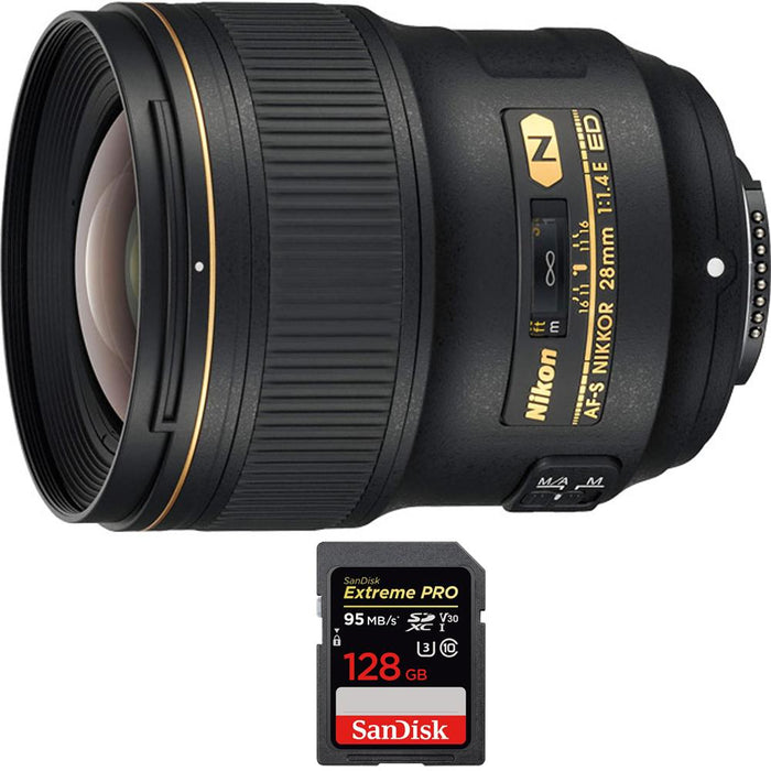 Nikon AF-S NIKKOR 28mm f/1.4E ED Lens with SDXC 128GB UHS-1 Memory Card