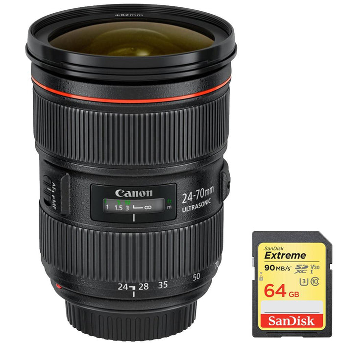 Canon EF 24-70mm f/2.8L II USM Lens w/ Sandisk 64GB Extreme SD Memory Card
