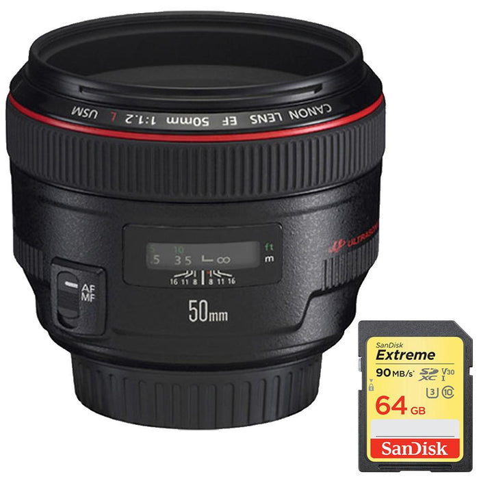 Canon EF 50mm f / 1.2L USM Lens with Case and Hood w/ Sandisk 64GB Memory Card