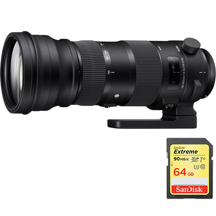 Sigma 150-600mm F5-6.3 DG OS HSM Sports Lens for Nikon F Cameras w/ 64GB Memory Card