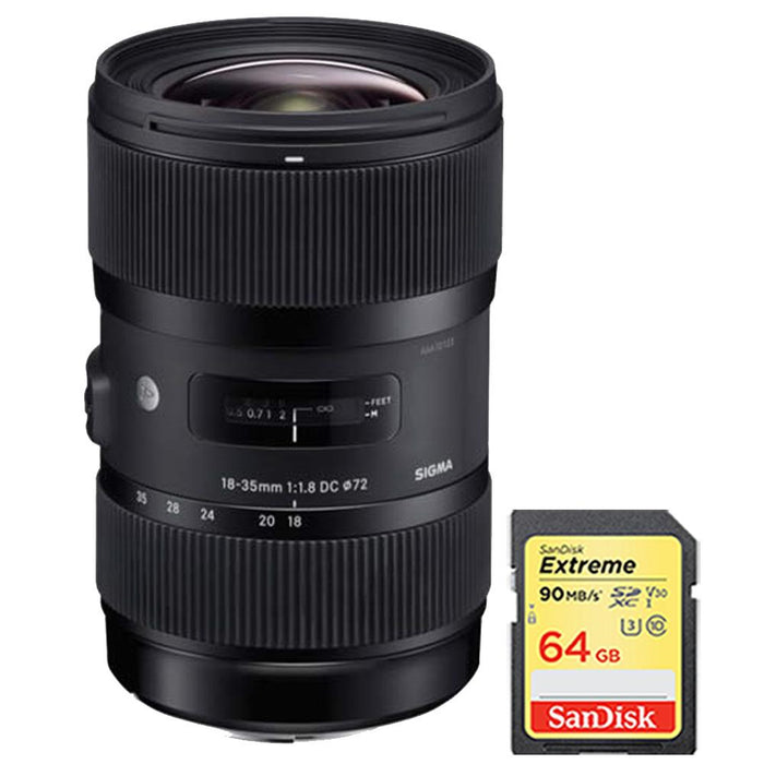 Sigma AF 18-35mm f/1.8 DC HSM Lens for Nikon w/ Sandisk 64GB SD Memory Card