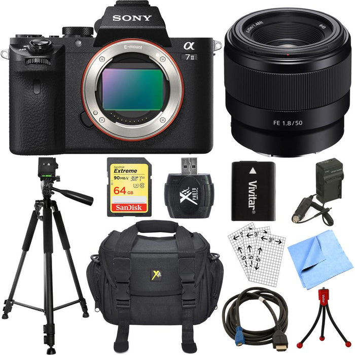 Sony Alpha 7II Mirrorless Interchangeable Lens Camera w/ 50mm Lens Accessory Bundle