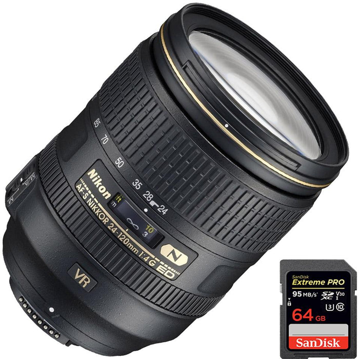 Nikon 2193 AF-S NIKKOR 24-120mm f/4G ED VR Lens for Nikon D-SLR + 64GB SDXC Bundle