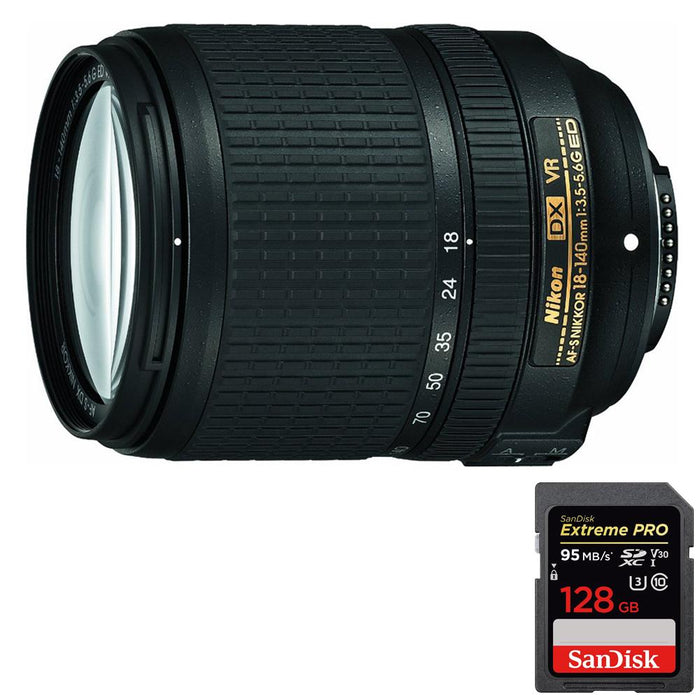 Nikon 18-140mm f/3.5-5.6G ED AF-S VR DX Nikkor Lens w/ 128GB Memory Card