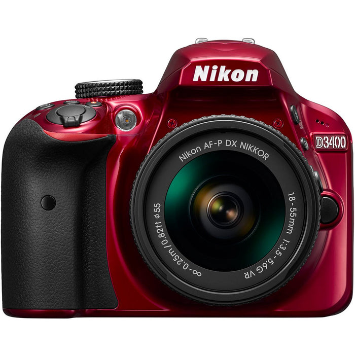 Nikon D3400 DSLR Camera + AF-P 18-55 VR & 70-300mm Dual Lens Bundle (Red) Refurbished