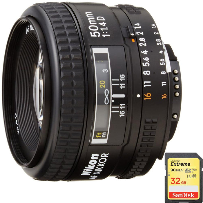 Nikon 50mm F/1.4D FX Nikkor DSLR Auto Focus Lens and SanDisk 32GB SD Memory Card
