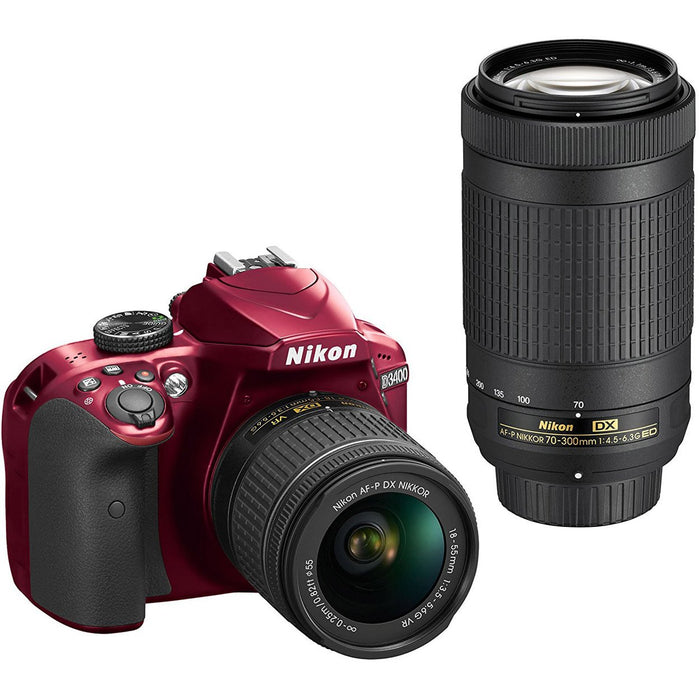 Nikon D3400 24.2MP DSLR Camera Red w/ AF-P 18-55 VR & 70-300mm Lens Refurb + Case Kit