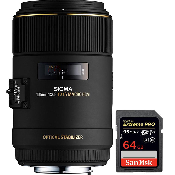 Sigma 105mm F2.8 EX DG OS HSM Macro Lens for Sony DSLRs with 64GB Memory Card