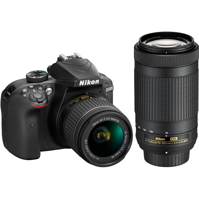 Nikon D3400 24.2MP Digital SLR Camera w/ AF-P 18-55mm VR & 70-300mm Lenses + 32GB Kit