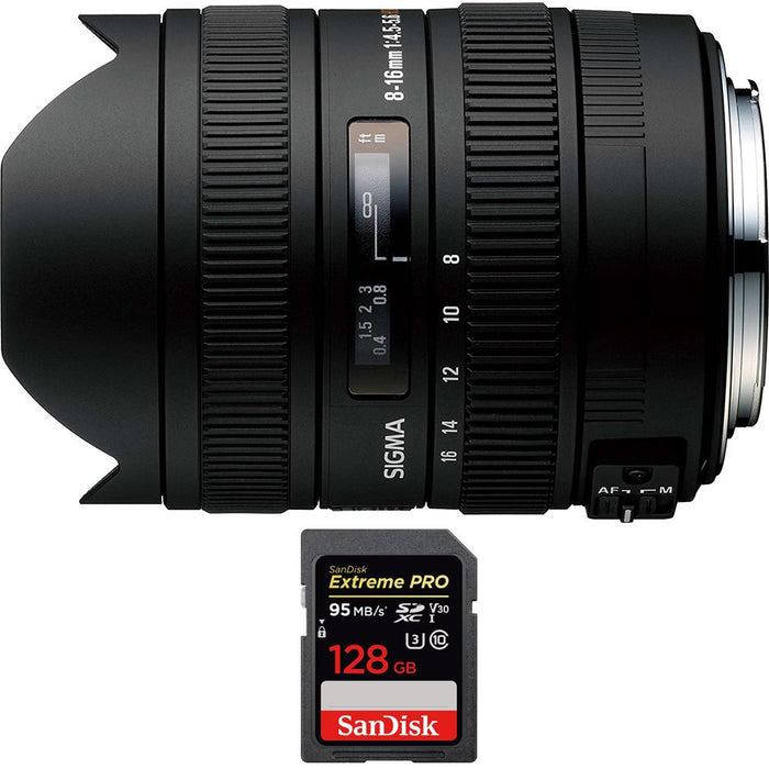 Sigma 8-16mm f/4.5-5.6 DC HSM FLD AF Zoom Lens for Canon with 128GB Memory Card