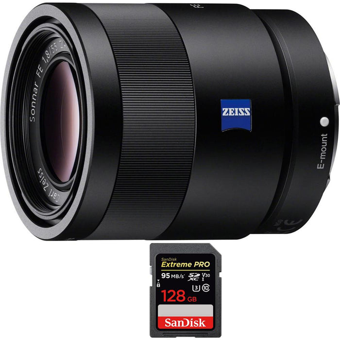 Sony Sonnar T* FE 55mm F1.8 ZA Full Frame E-Mount Lens with 128GB Memory Card