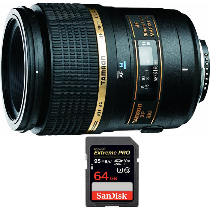 Tamron 90mm F/2.8 DI SP AF Macro 1:1 Lens For Canon EOS with 64GB Memory Card