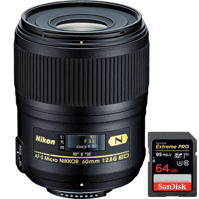 Nikon AF-S Micro-NIKKOR 60mm f/2.8G ED Lens + Extreme Pro SDXC 64GB UHS-1 Memory Card