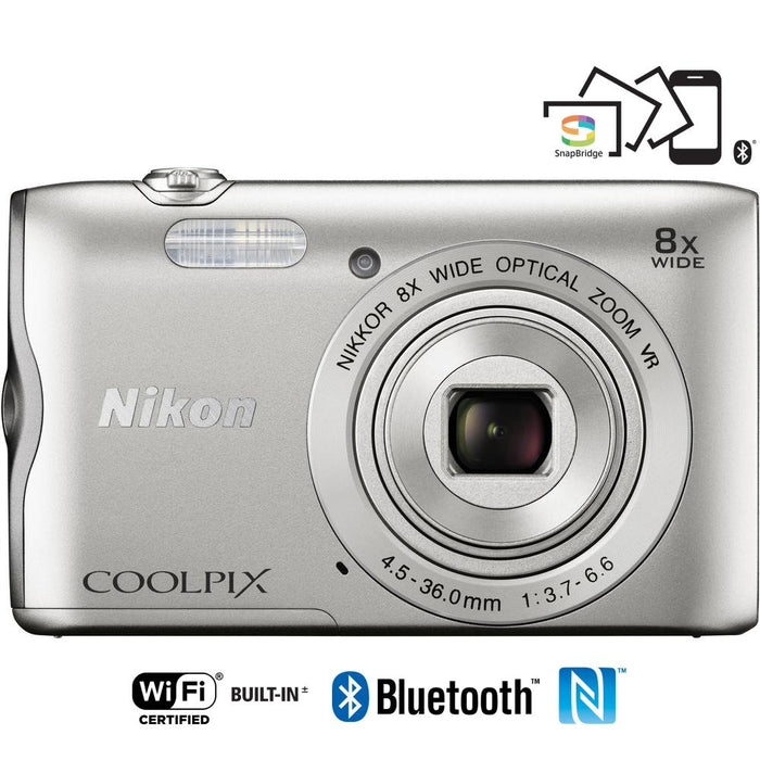 Nikon Coolpix A300 20.1MP 8x Optical Zoom NIKKOR WiFi Silver Digital Camera -Refurbish