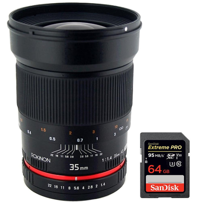Rokinon 35mm F/1.4 AS UMC Wide Angle Lens for Nikon + 64GB Memory Card