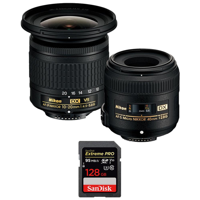 Nikon AF-P DX 10-20mm VR & AF-S DX 40mm Two Lens Kit w/ 128GB Memory Card