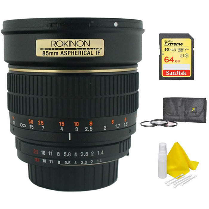 Rokinon 85mm f/1.4 Aspherical Lens for Nikon DSLR Cameras w/ 64GB Memory Bundle