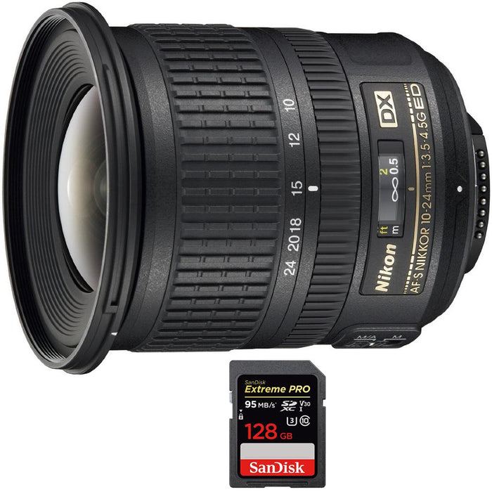 Nikon AF-S DX NIKKOR 10-24mm f/3.5-4.5G ED Lens + 128GB Memory Card