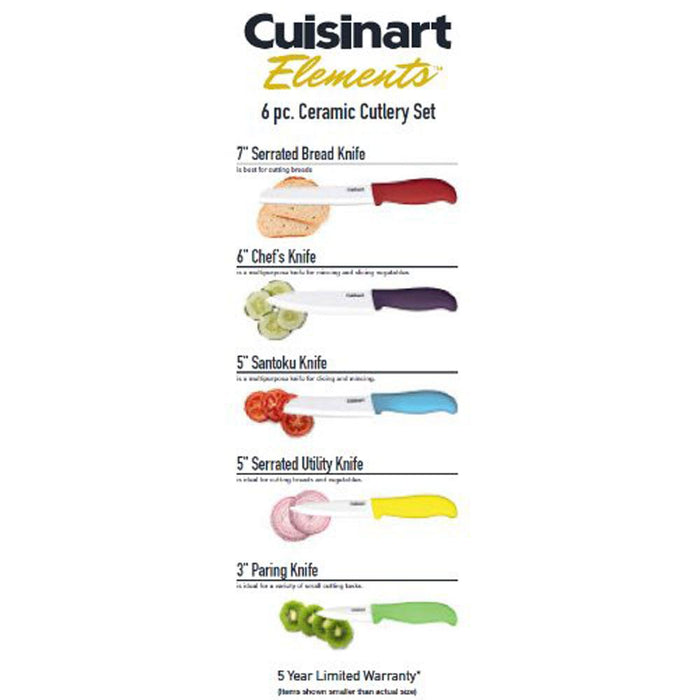 Cuisinart 6 Pcs Ceramic Cutlery Knife Block Set Multicolored w/Safety Gloves