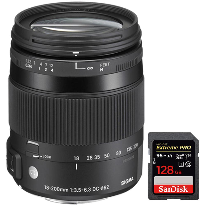 Sigma 18-200mm F3.5-6.3 DC Macro OS HSM Lens for Nikon + 128GB Memory