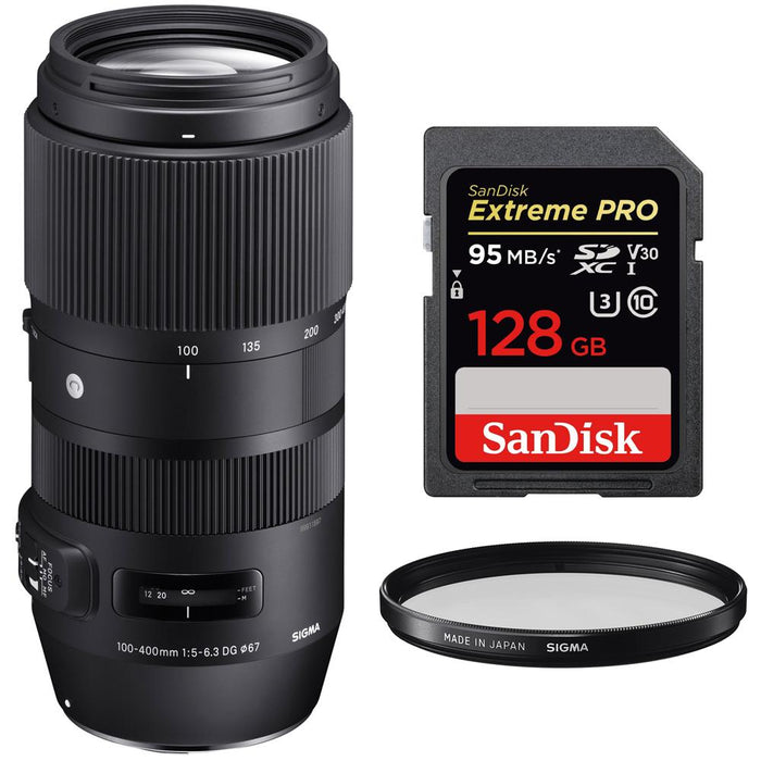 Sigma 100-400mm F5-6.3 DG OS HSM Telephoto Lens Nikon + 128GB Memory Card Bundle