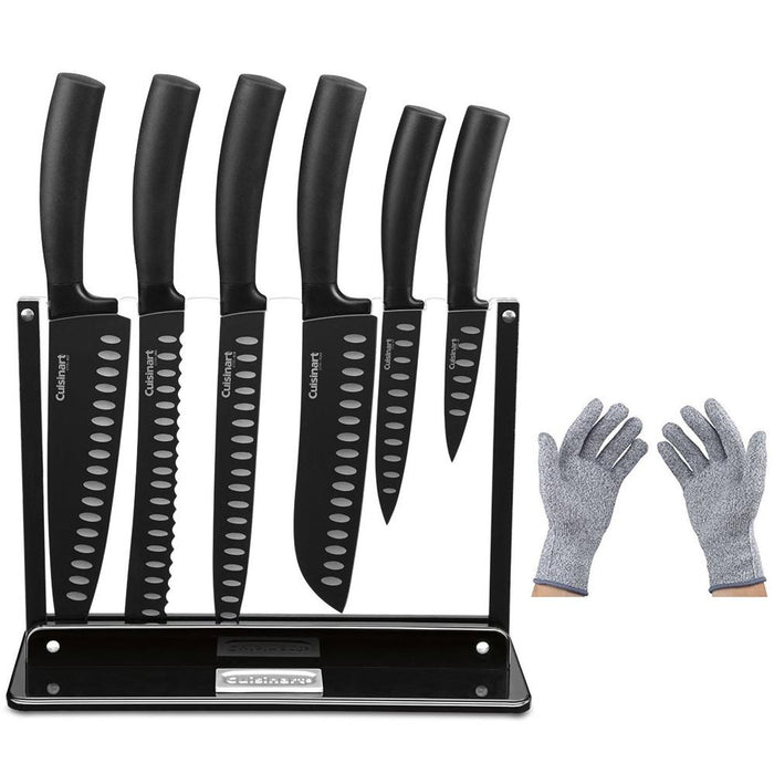 Cuisinart 7 Pcs Nonstick Cutlery Knife Set w/ Acrylic Stand, Black w/Safety Gloves