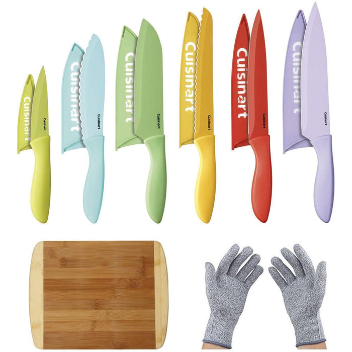 Cuisinart 12 Pcs Ceramic Coated Color Knife Set w/ Guards+Cutting Board & Gloves