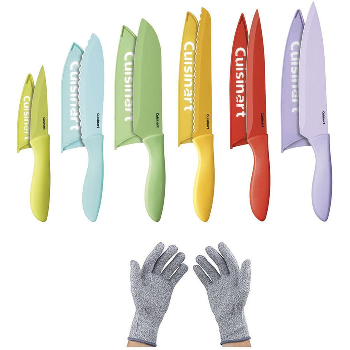 Cuisinart 12 Pcs Ceramic Coated Color Knife Set w/ Blade Guards + Safety Gloves