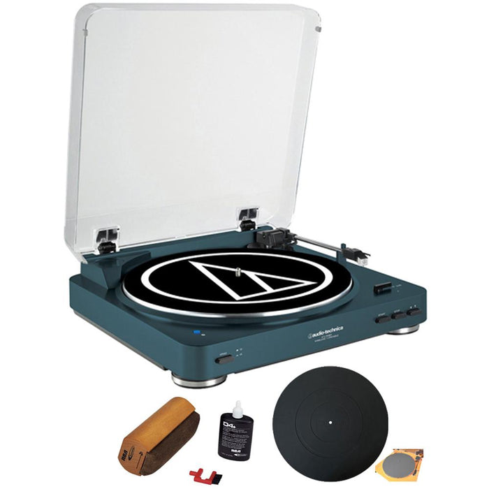 Audio-Technica Wireless Belt-Drive Stereo Turntable w/ RCA D4+ Vinyl Record Cleaner, Navy