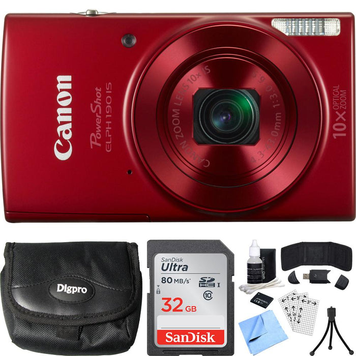 Canon PowerShot ELPH 190 IS Red Digital Camera + 10x Optical Zoom 32GB Card Bundle