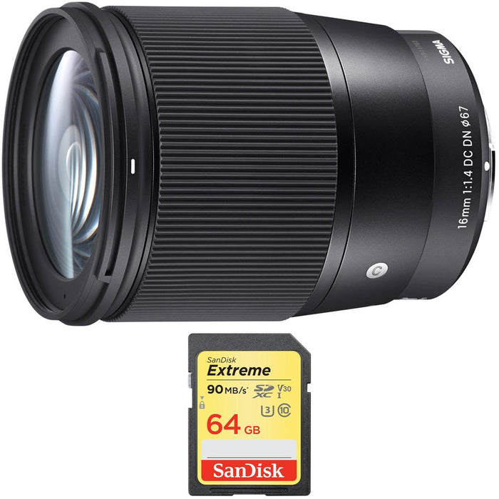 Sigma 16mm F1.4 DC DN Sony E Mount Lens + Sandisk 64GB Extreme SDXC Memory Card